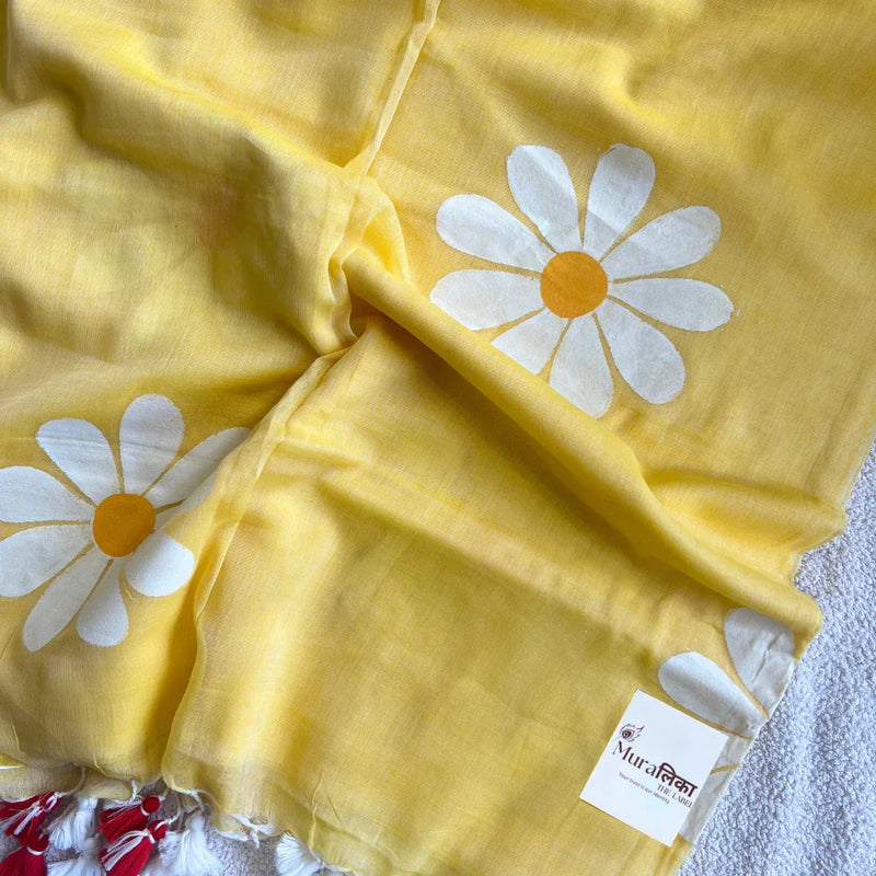 Yellow Daisy Handpainted Mulmul Cotton Saree - Muralika the label