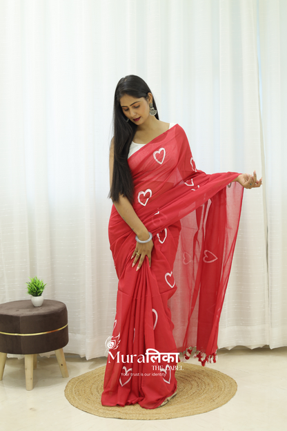 Red Heart Handpainted Mulmul Cotton Saree