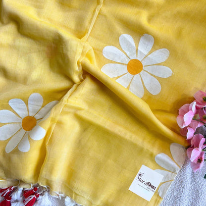 Yellow Daisy Handpainted Mulmul Cotton Saree - Muralika the label