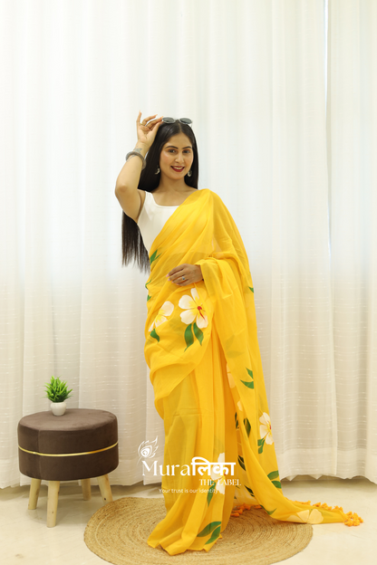 Gulmohar Yellow Handpainted Mulmul cotton Saree