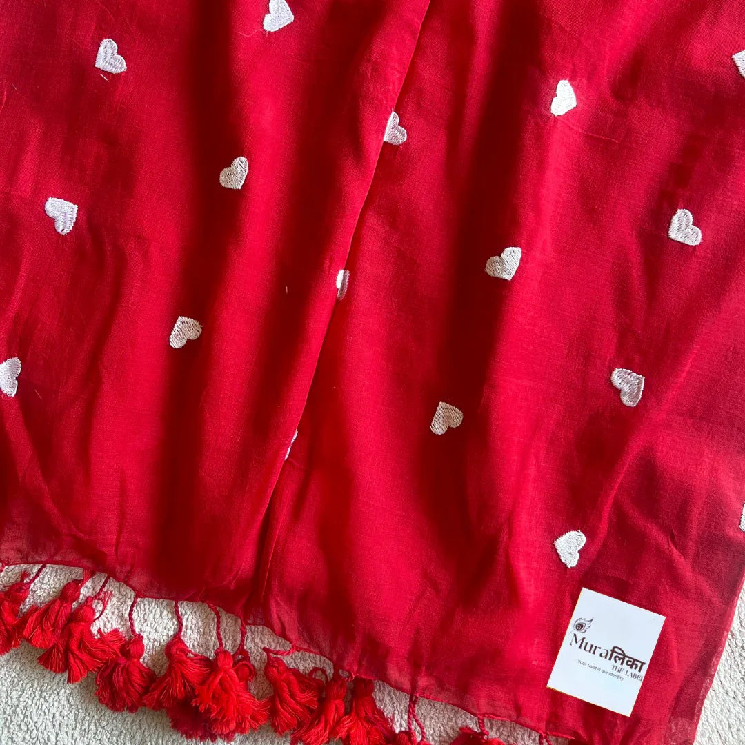 Ishq Red heart Embroidered Mulmul Cotton Saree - Muralika the label
