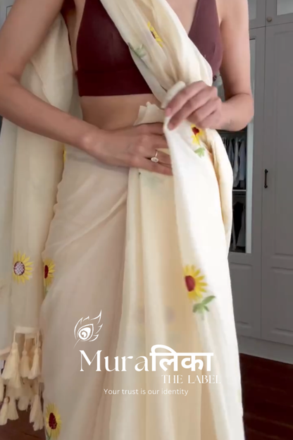 Sunflower Off white Embroireded Mulmul Cotton Saree (Dispatch after 1 week)