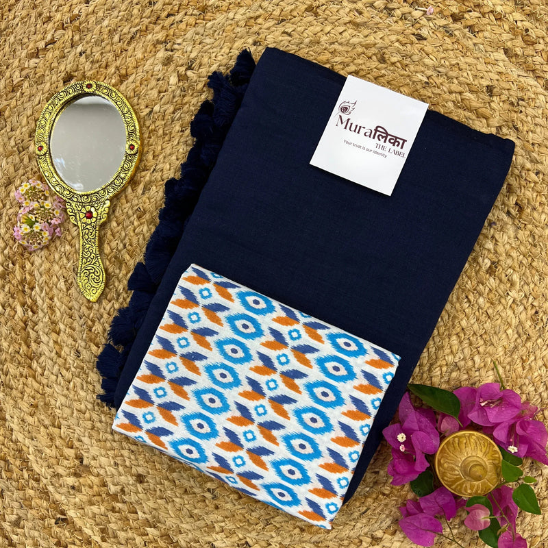 Muralika Navy Blue Handloom cotton Saree - Muralika the label