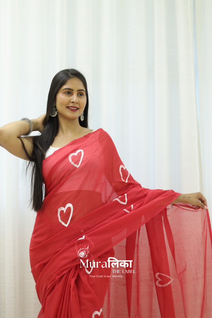 Red Heart Handpainted Mulmul Cotton Saree