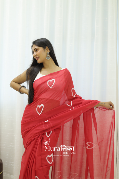 Red Heart Handpainted Mulmul Cotton Saree
