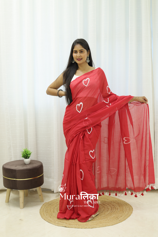 Red Heart Handpainted Mulmul Cotton Saree