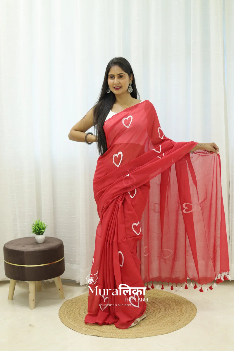 Red Heart Handpainted Mulmul Cotton Saree