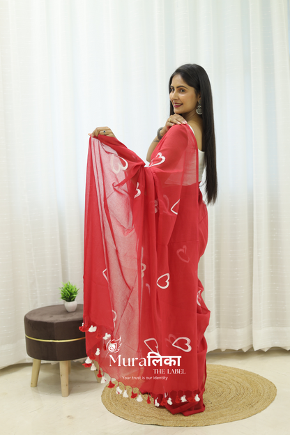 Red Heart Handpainted Mulmul Cotton Saree
