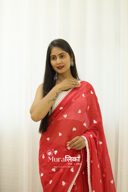 Dil Red Embroidered Mulmul Cotton Saree