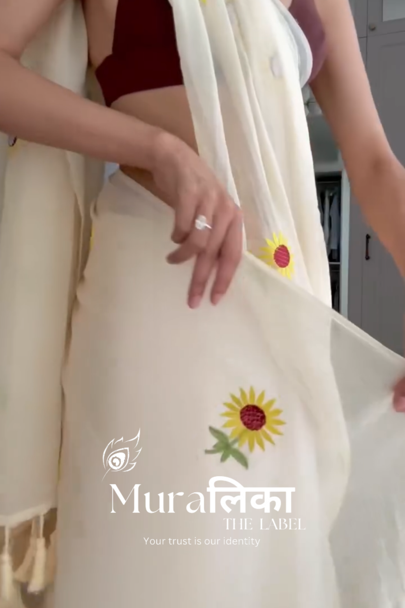 Sunflower Off white Embroireded Mulmul Cotton Saree (Dispatch after 1 week)