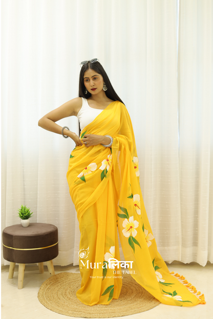 Gulmohar Yellow Handpainted Mulmul cotton Saree