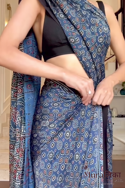 Ajrakh Hand block Printed Modal Silk Saree