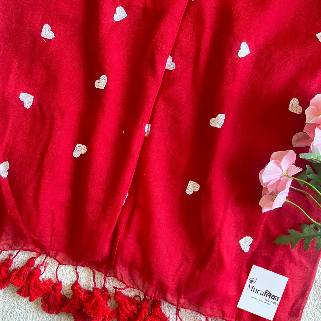 Ishq Red heart Embroidered Mulmul Cotton Saree - Muralika the label