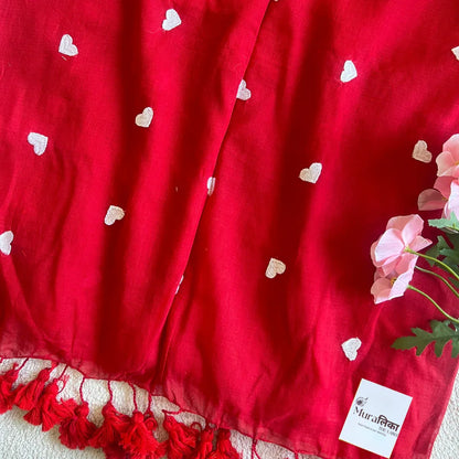 Ishq Red heart Embroidered Mulmul Cotton Saree - Muralika the label