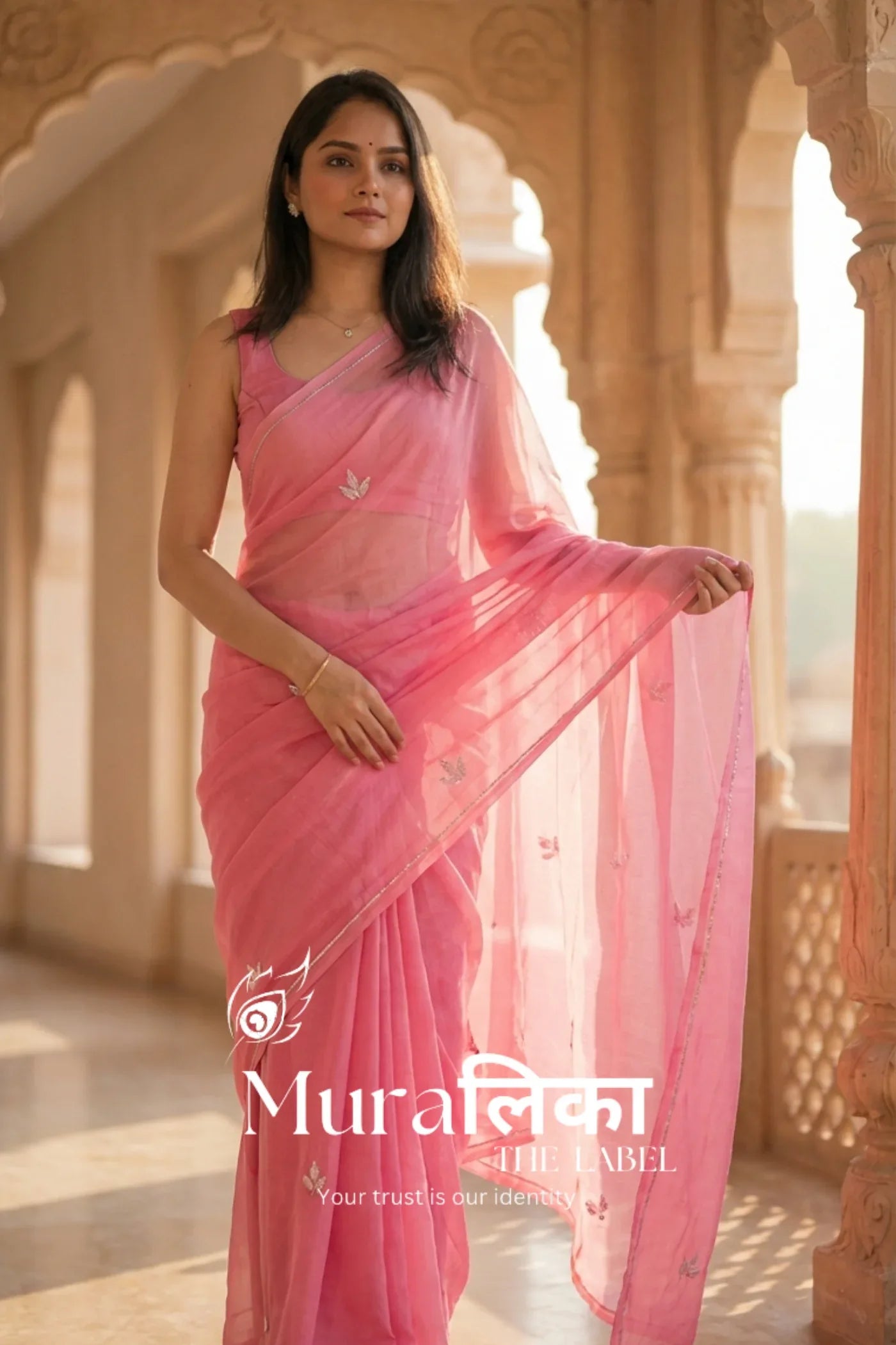 Muralika Pink handwork Chiffon Saree