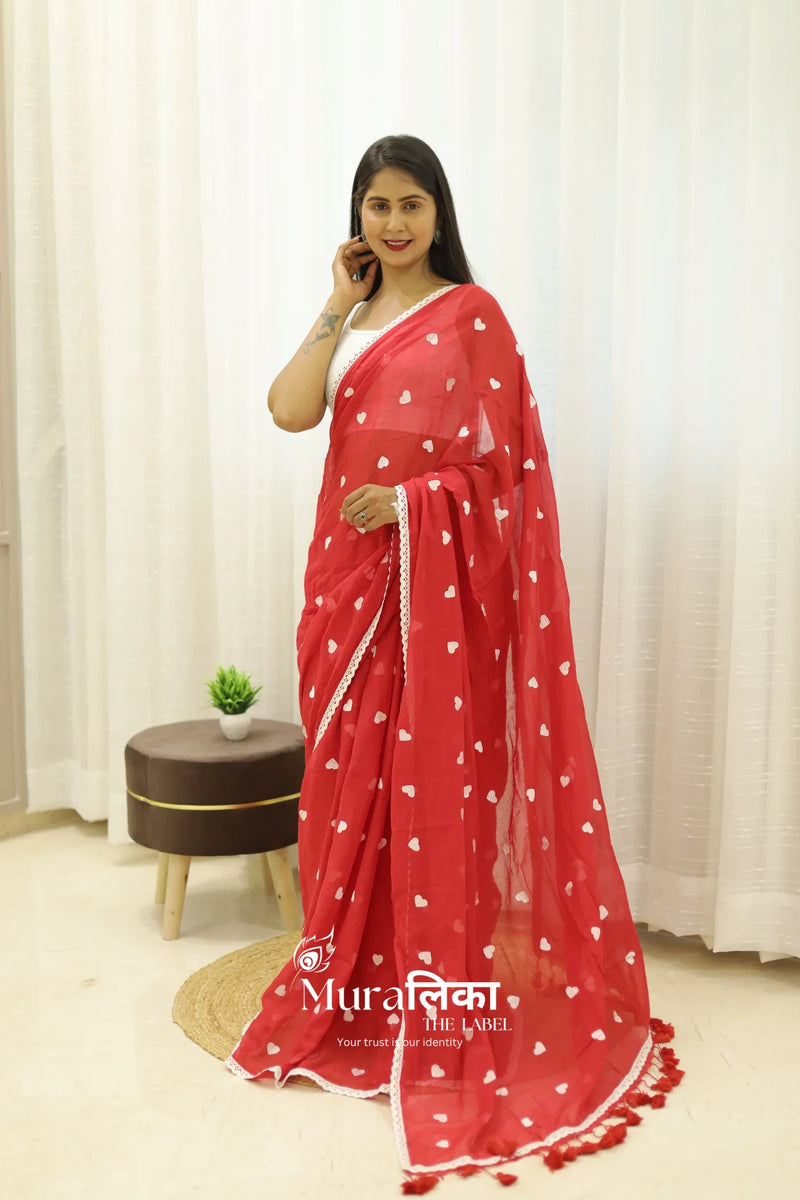 Dil Red Embroidered Mulmul Cotton Saree