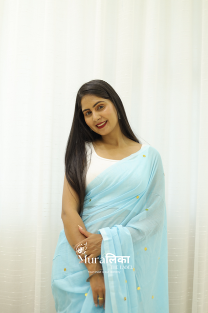 Tara Sky Blue Mulmul Cotton Saree