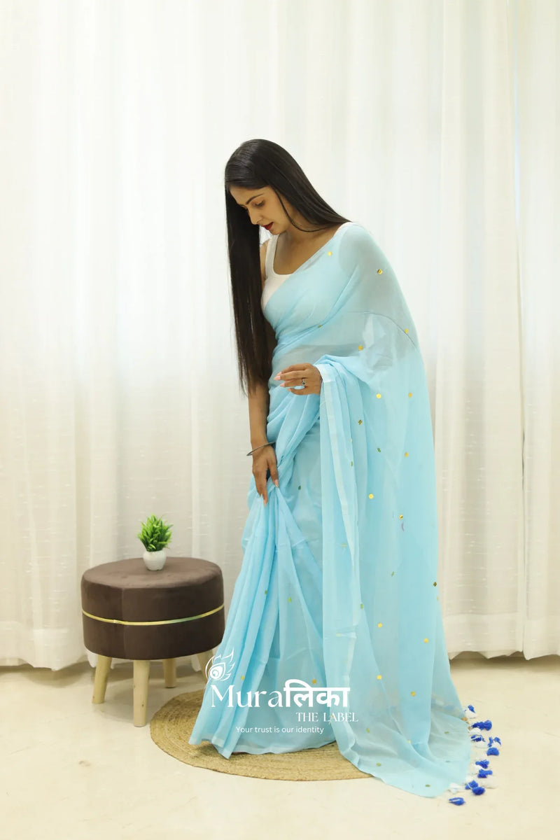 Tara Sky Blue Mulmul Cotton Saree - Muralika the label
