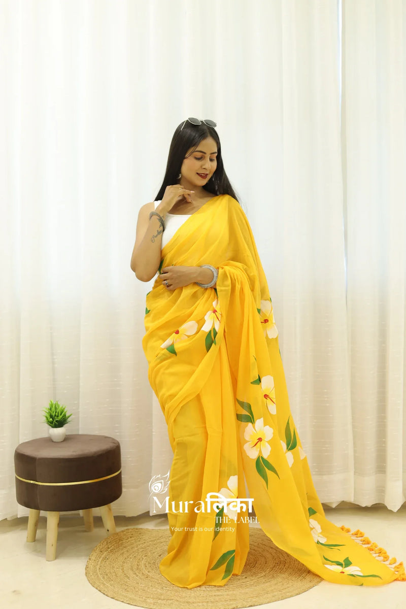 Gulmohar Yellow Handpainted Mulmul cotton Saree - Muralika the label