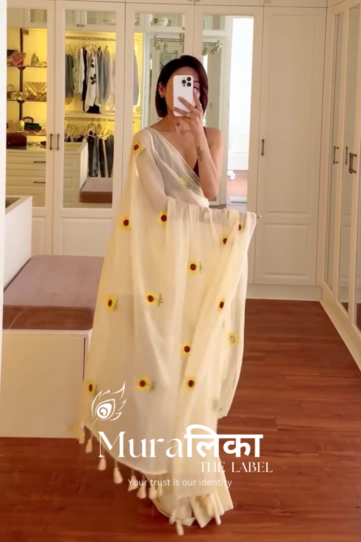 Sunflower Off white Embroireded Mulmul Cotton Saree (Dispatch after 1 week)