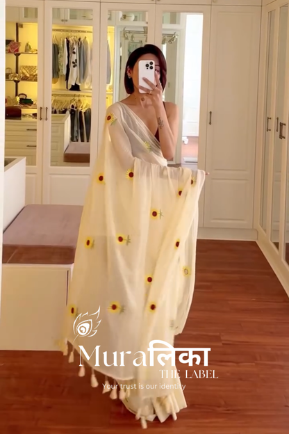 Sunflower Off white Embroireded Mulmul Cotton Saree (Dispatch after 1 week)