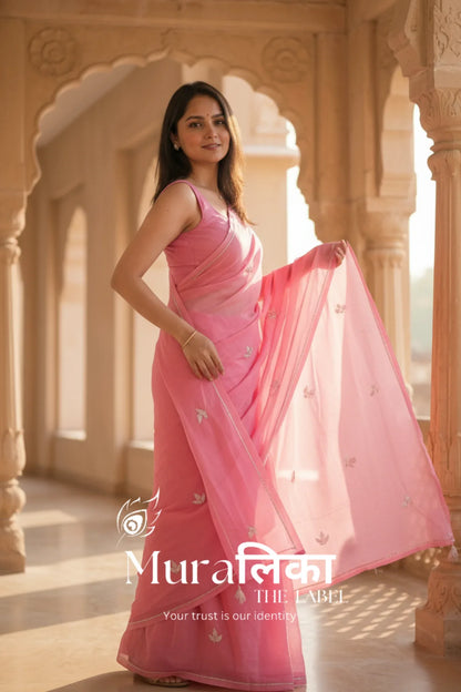 Muralika Pink handwork Chiffon Saree