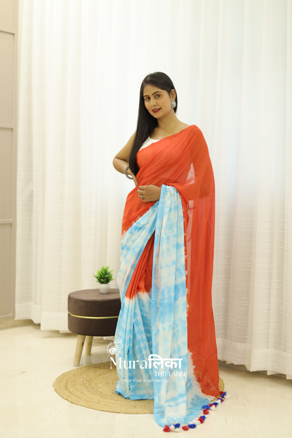 Orange & Blue Tie Dye Mulmul Cotton Saree