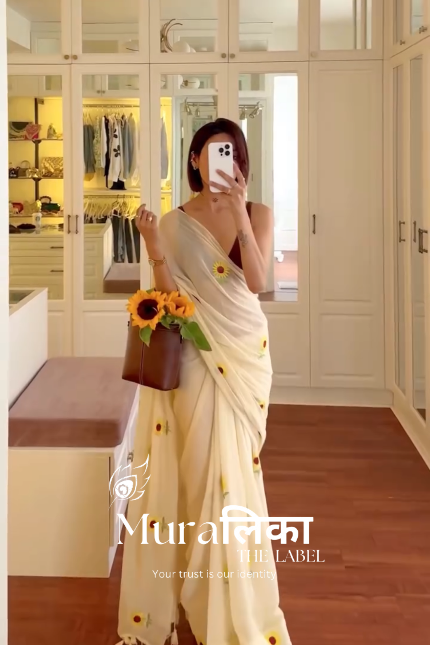 Sunflower Off white Embroireded Mulmul Cotton Saree (Dispatch after 1 week)
