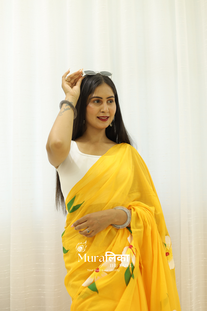 Gulmohar Yellow Handpainted Mulmul cotton Saree