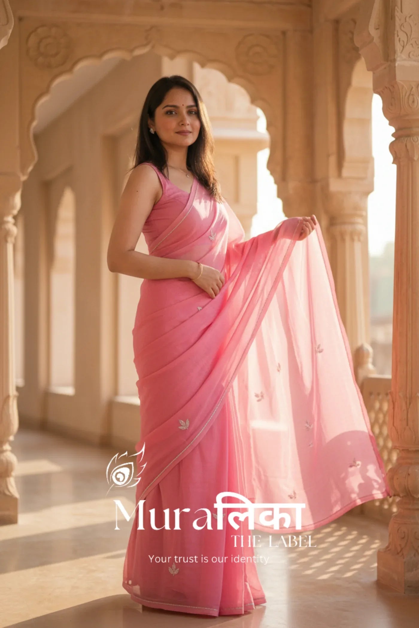 Muralika Pink handwork Chiffon Saree