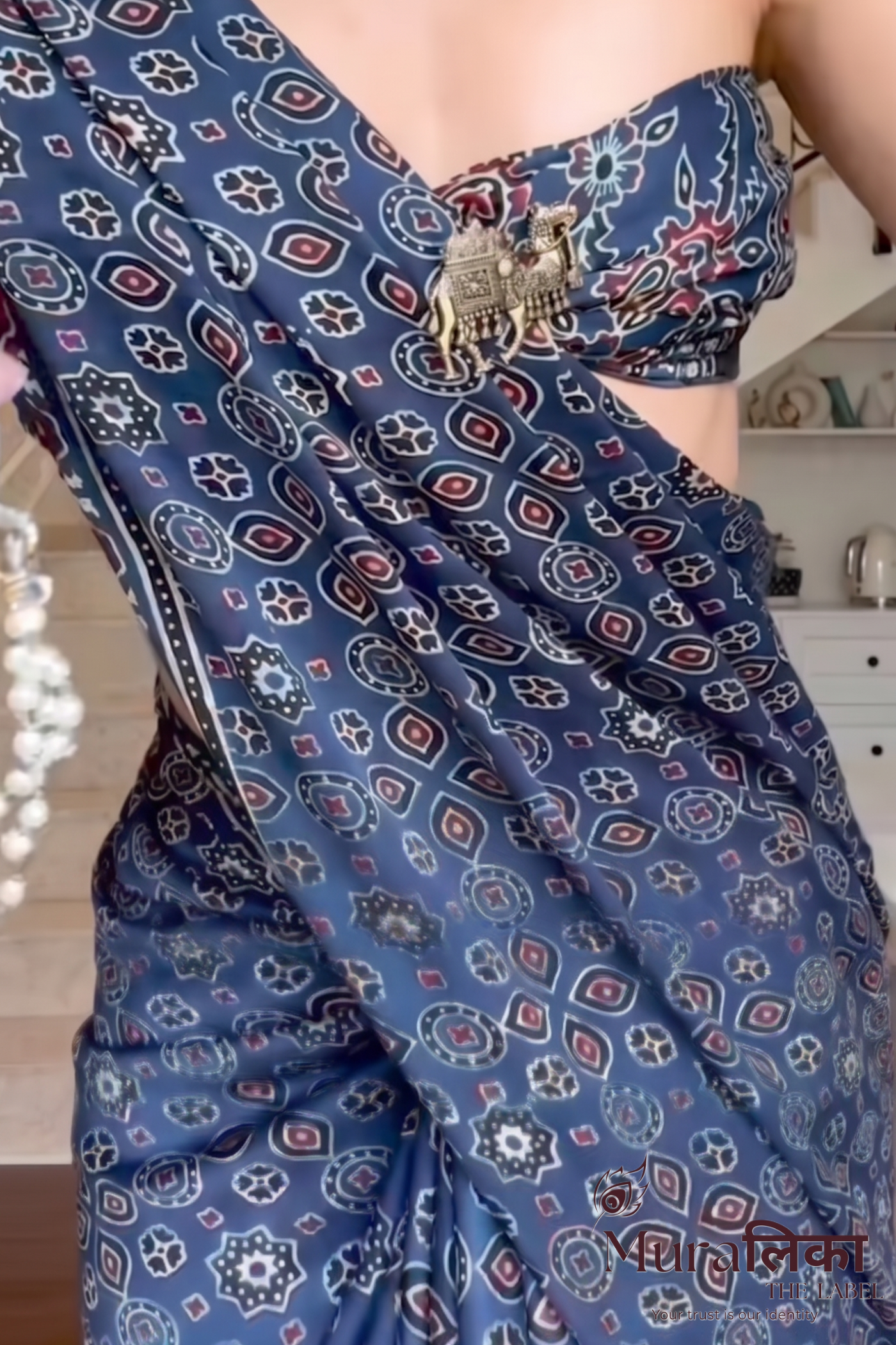 Ajrakh Hand block Printed Modal Silk Saree