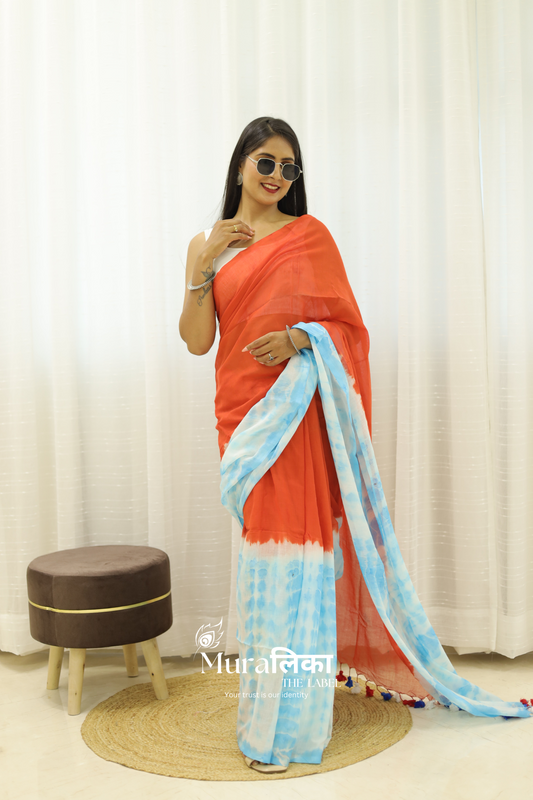Orange & Blue Tie Dye Mulmul Cotton Saree