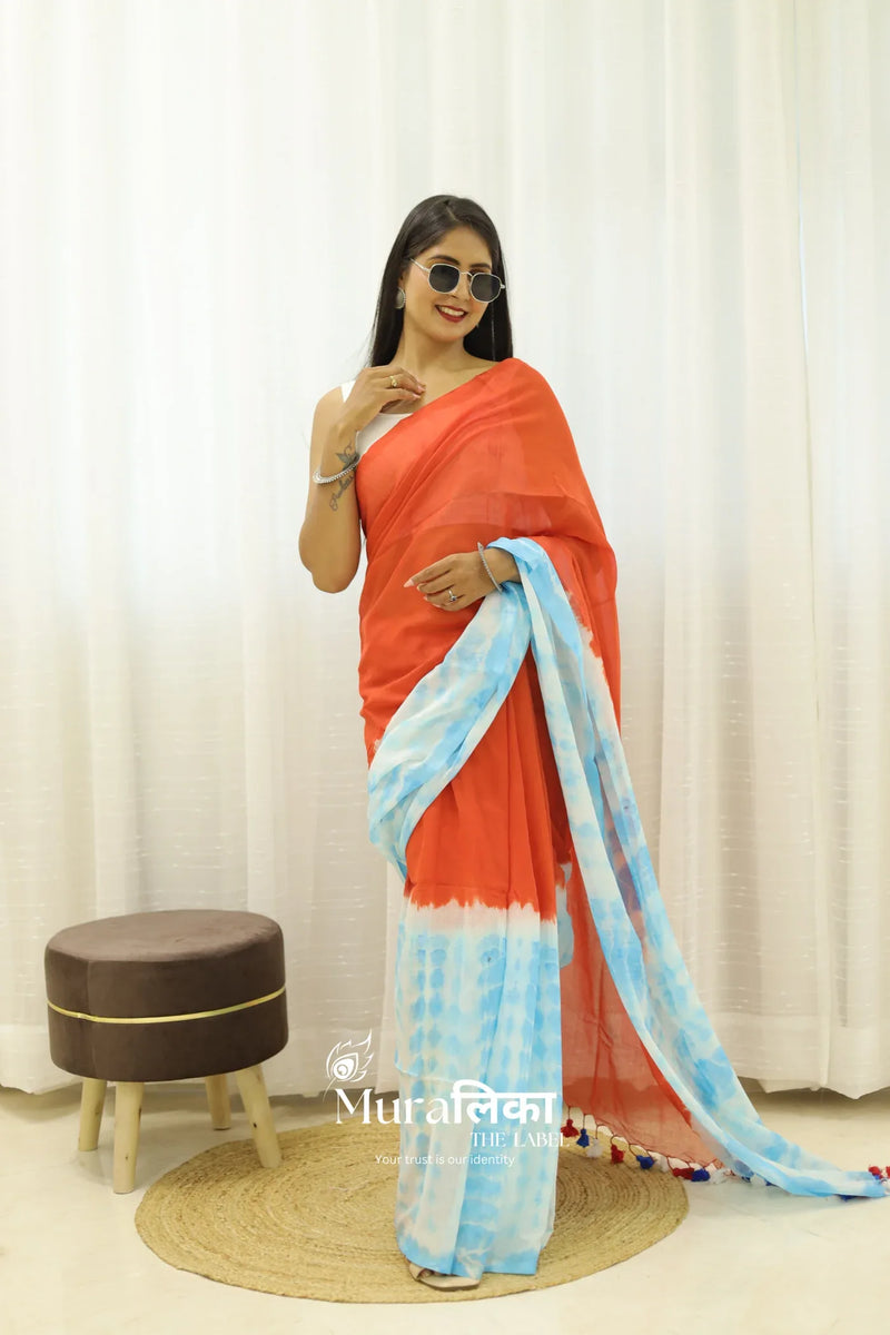 Orange & Blue Tie Dye Mulmul Cotton Saree