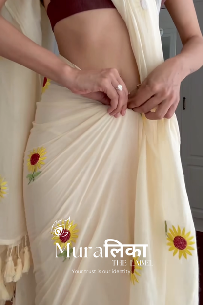 Sunflower Off white Embroireded Mulmul Cotton Saree (Dispatch after 1 week)