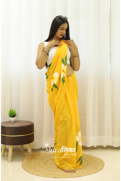 Gulmohar Yellow Handpainted Mulmul cotton Saree