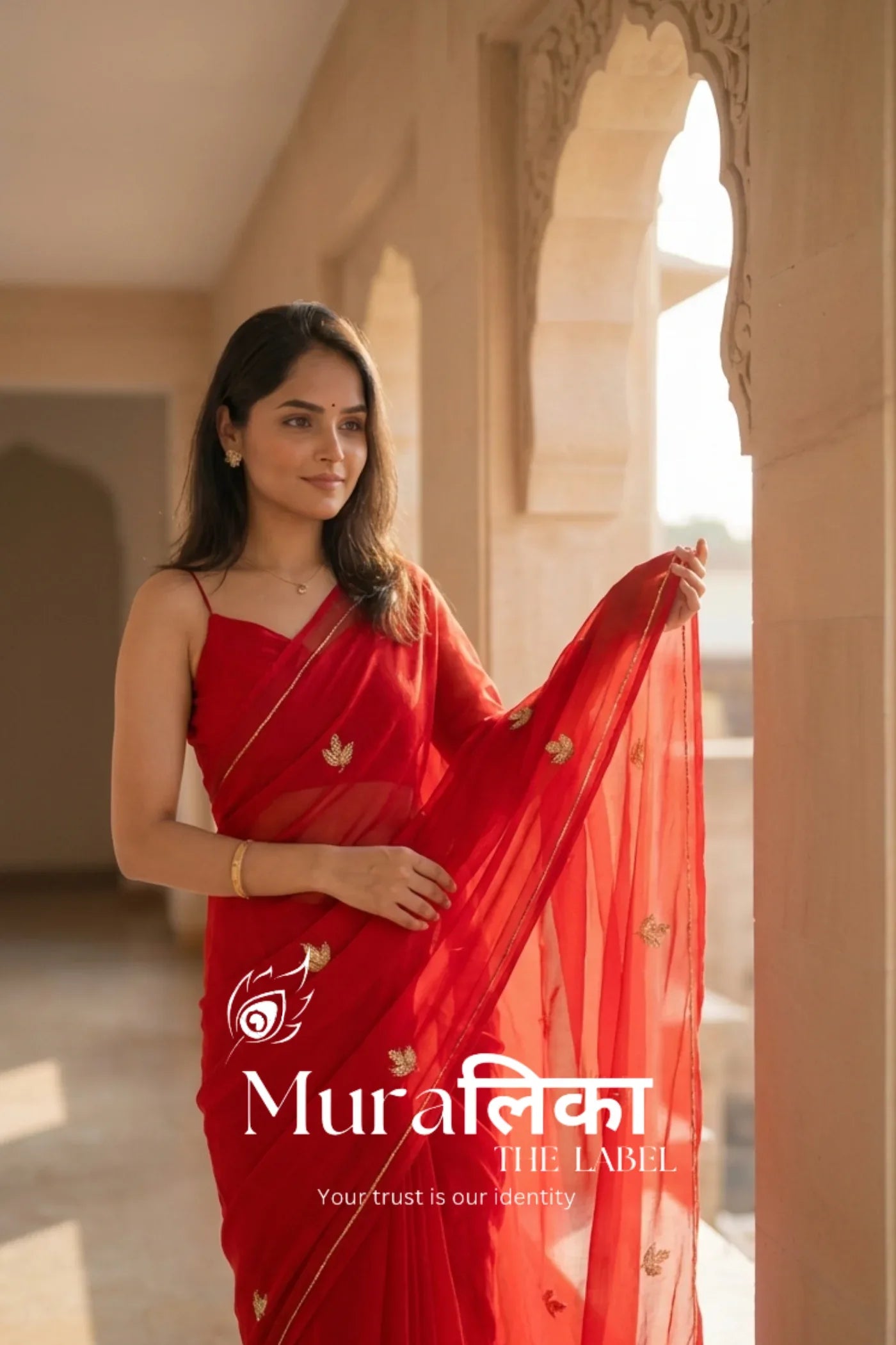 Muralika Red handwork Chiffon Saree