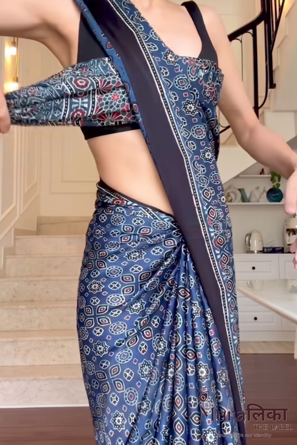 Ajrakh Hand block Printed Modal Silk Saree