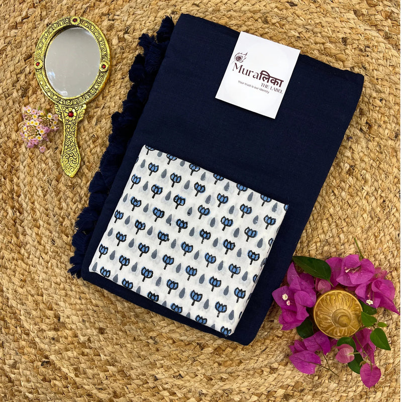Muralika Navy Blue Handloom cotton Saree - Muralika the label