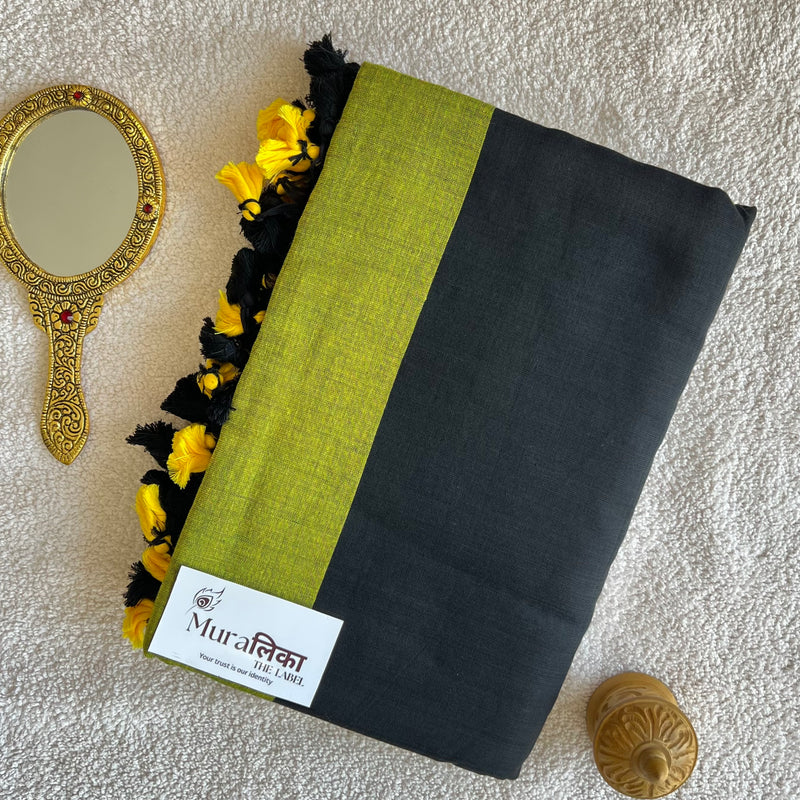 Muralika Black & Lime Handloom Cotton Saree