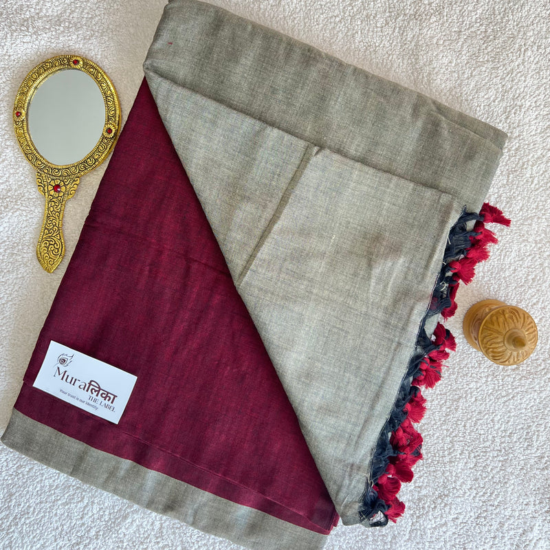 Muralika Maroon & Grey Handloom Cotton Saree