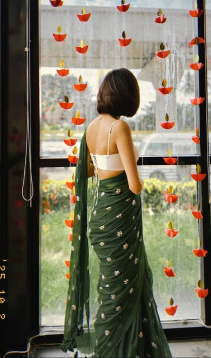 Parijaat Green Embroireded Mulmul Cotton Saree