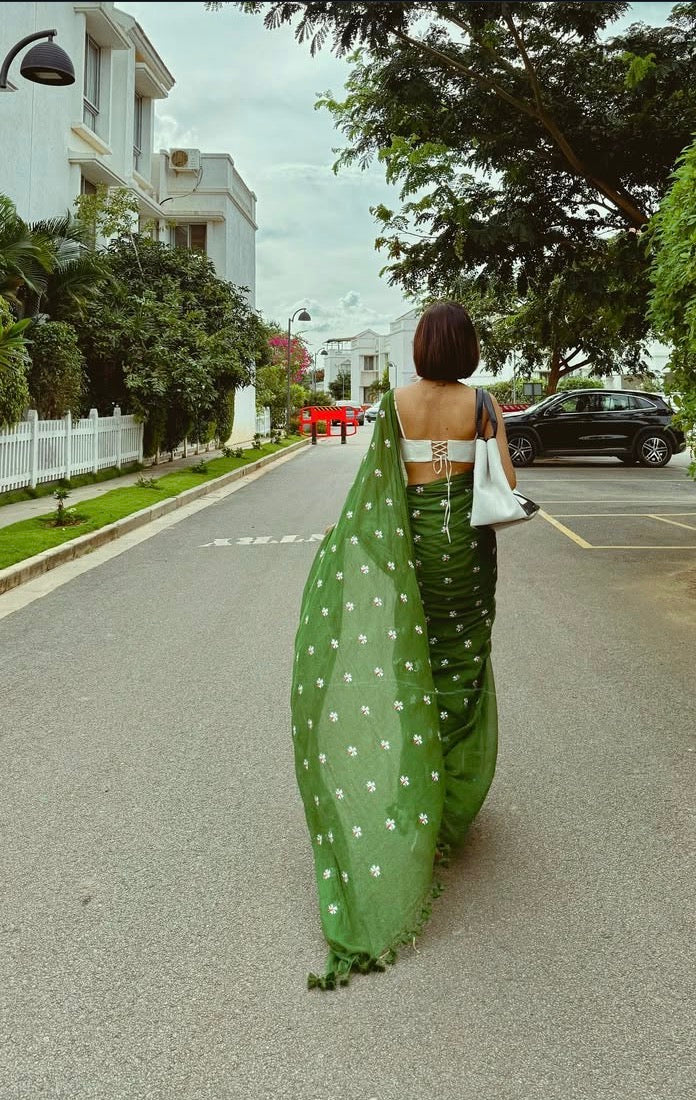 Parijaat Green Embroireded Mulmul Cotton Saree