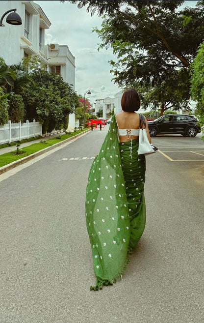 Parijaat Green Embroireded Mulmul Cotton Saree