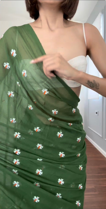 Parijaat Green Embroireded Mulmul Cotton Saree