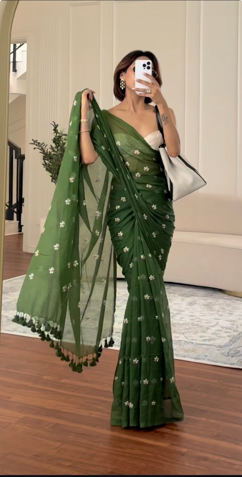 Parijaat Green Embroireded Mulmul Cotton Saree