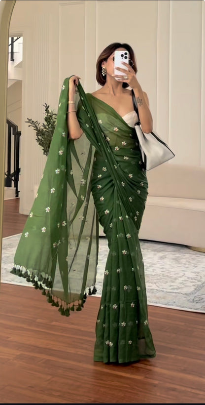 Parijaat Green Embroireded Mulmul Cotton Saree