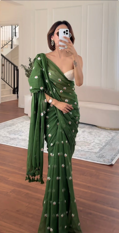 Parijaat Green Embroireded Mulmul Cotton Saree