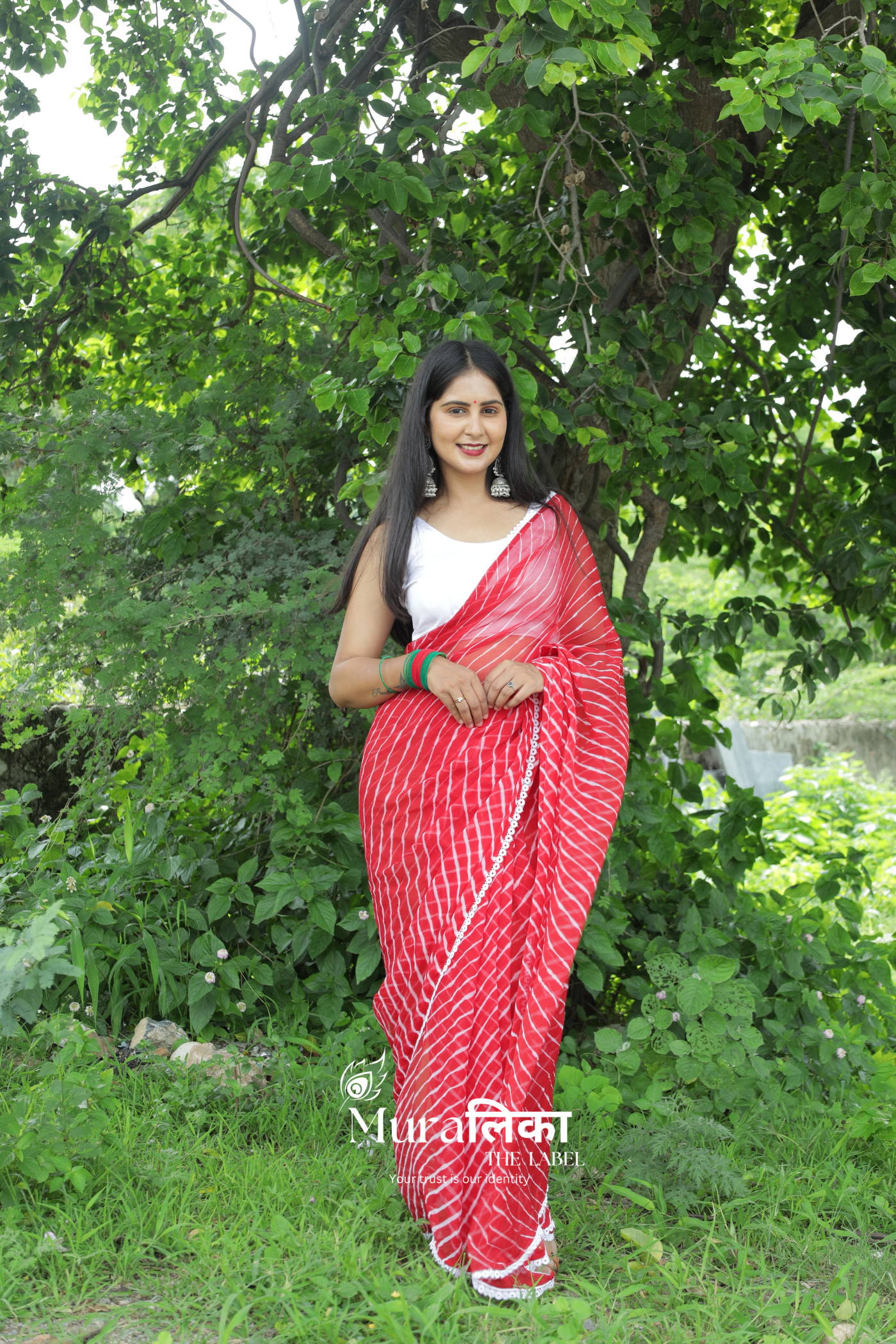 Chilli Red Hand dyed Chiffon Leheriya Saree with Lace border