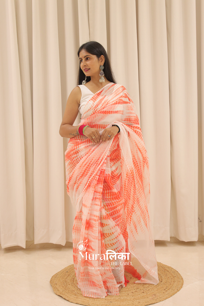 Naarangi Orange Hand Dyed Shibori Bandhej Chiffon Saree