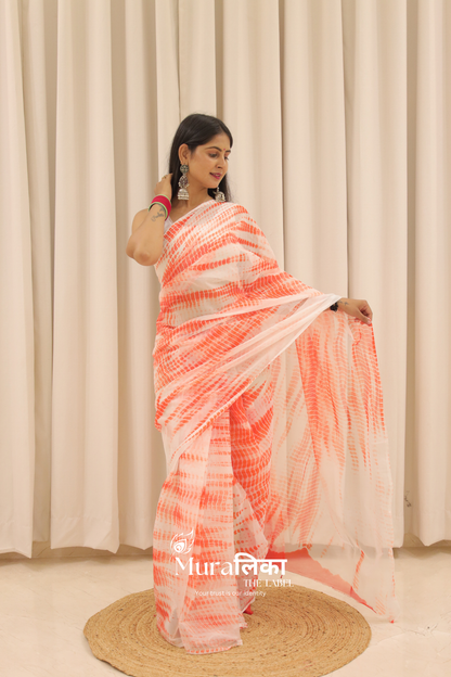 Naarangi Orange Hand Dyed Shibori Bandhej Chiffon Saree